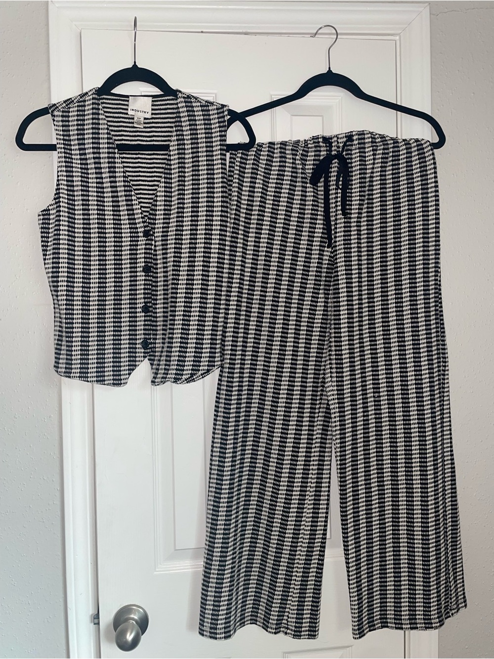 Black & White Checked Wide-Leg Pants with Matching Vest
